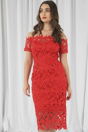 Red Bardot Lace Dress Double Second